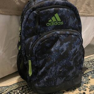 Adidas Camo Blue and Black Backpack with Green Accents